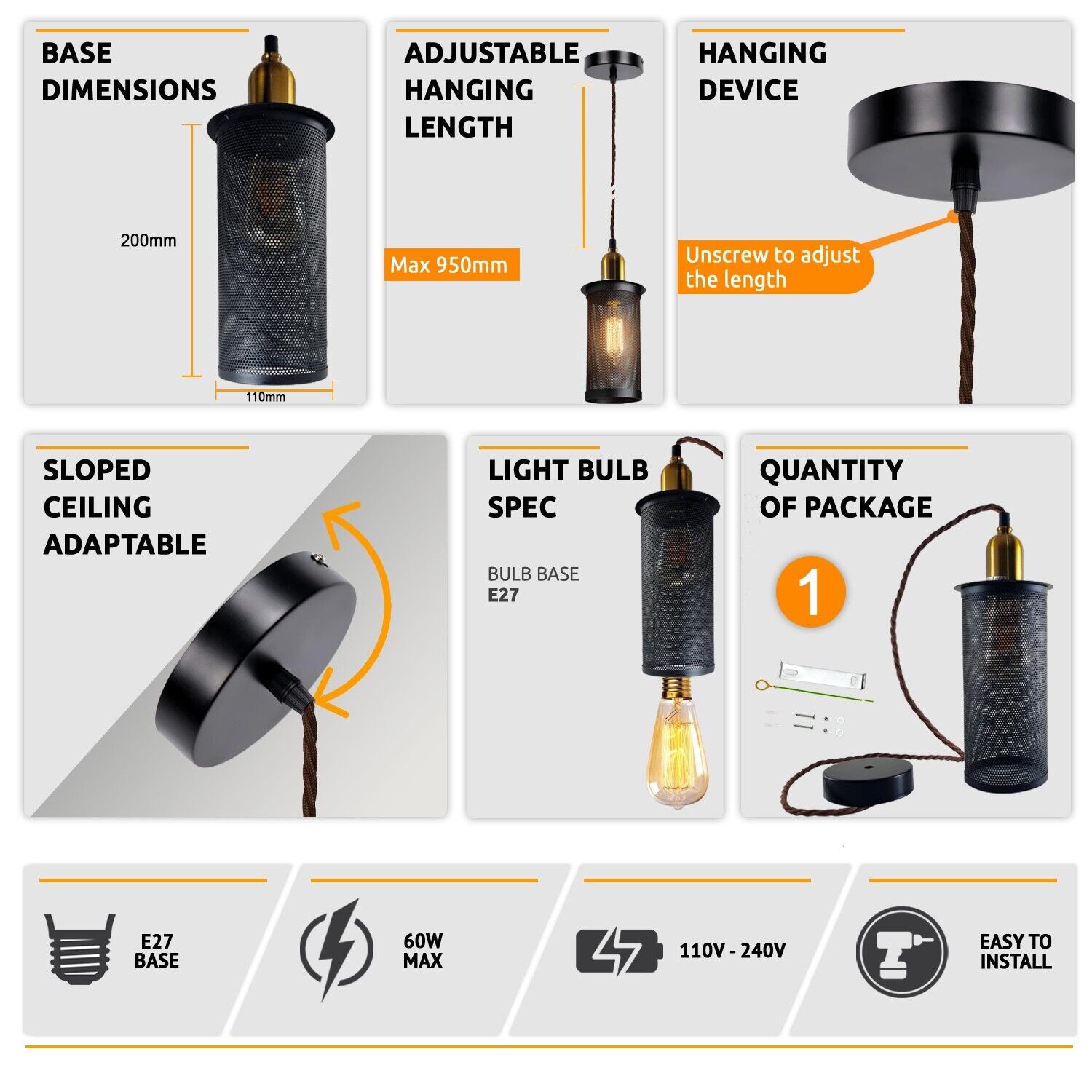 Industrial Retro Metal Drum Cage Pendant Light with Gold E27 Holder