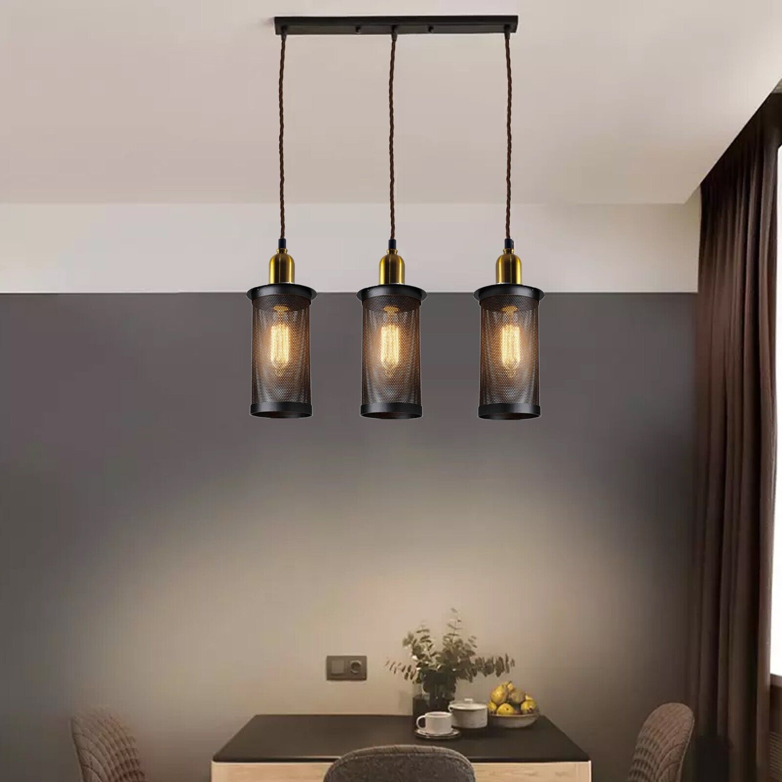 Industrial Vintage Retro 3-Head Metal Pendant Ceiling Light Fixture E27 Holder
