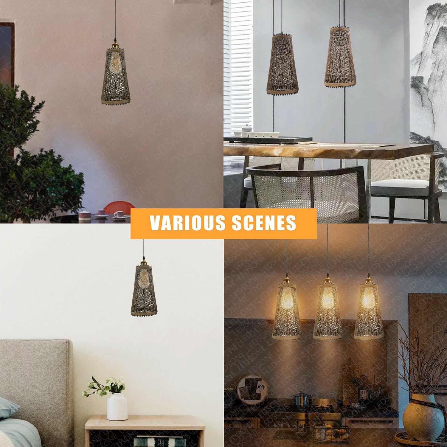 Natural Rattan Ceiling Pendant Light Shade E27 Base Boho Style Chandelier