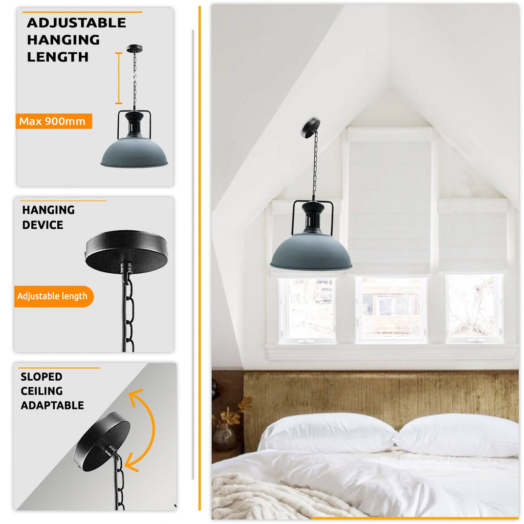Stylish Grey Industrial Metal Dome Pendant Light, Adjustable Chain, E27 Socket