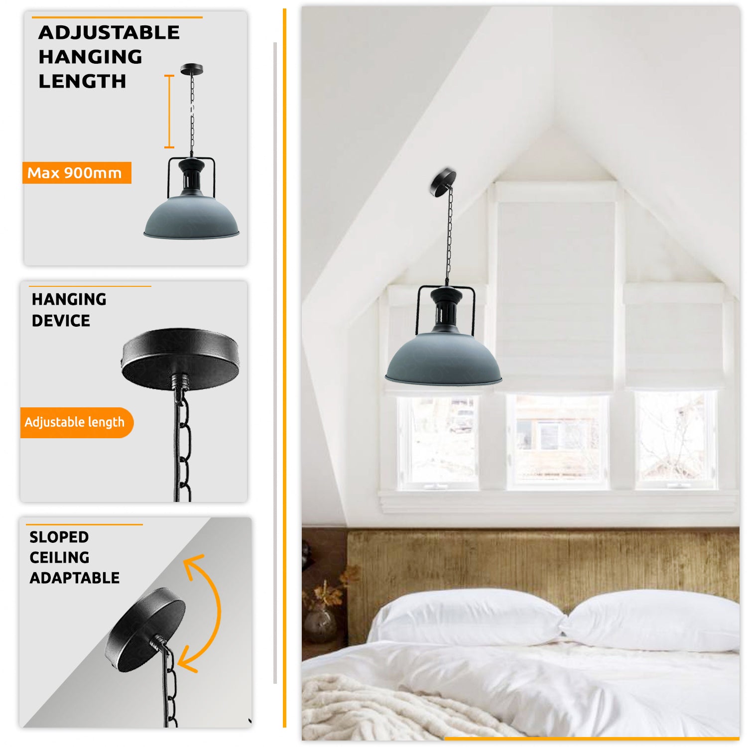 Stylish Grey Industrial Metal Dome Pendant Light, Adjustable Chain, E27 Socket