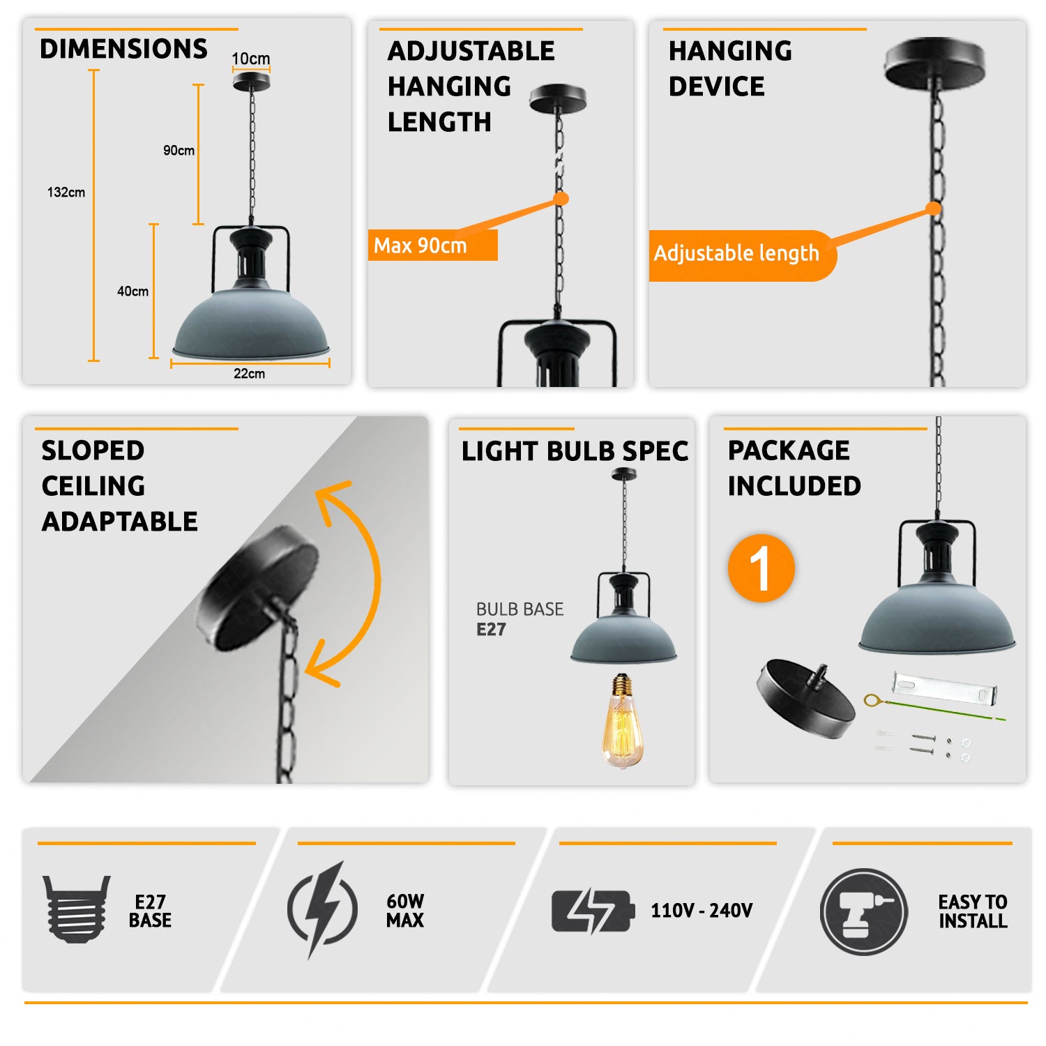 Stylish Grey Industrial Metal Dome Pendant Light, Adjustable Chain, E27 Socket