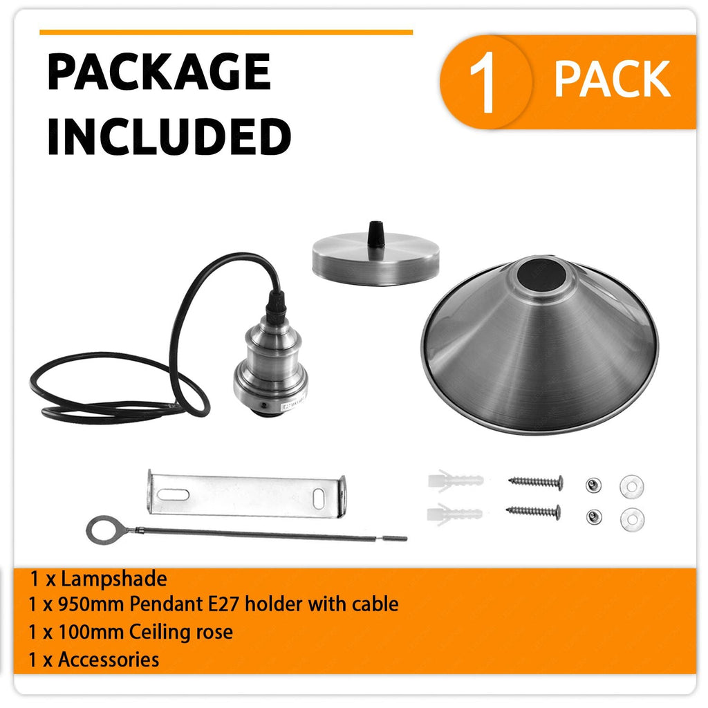 Industrial Vintage Satin Nickel Metal Cone E27 Pendant Ceiling Light