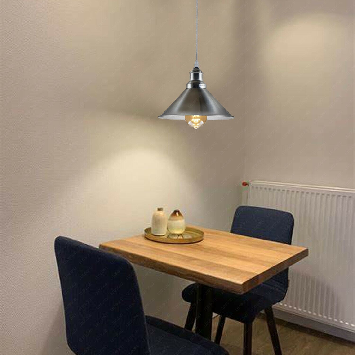 Industrial Vintage Satin Nickel Metal Cone E27 Pendant Ceiling Light