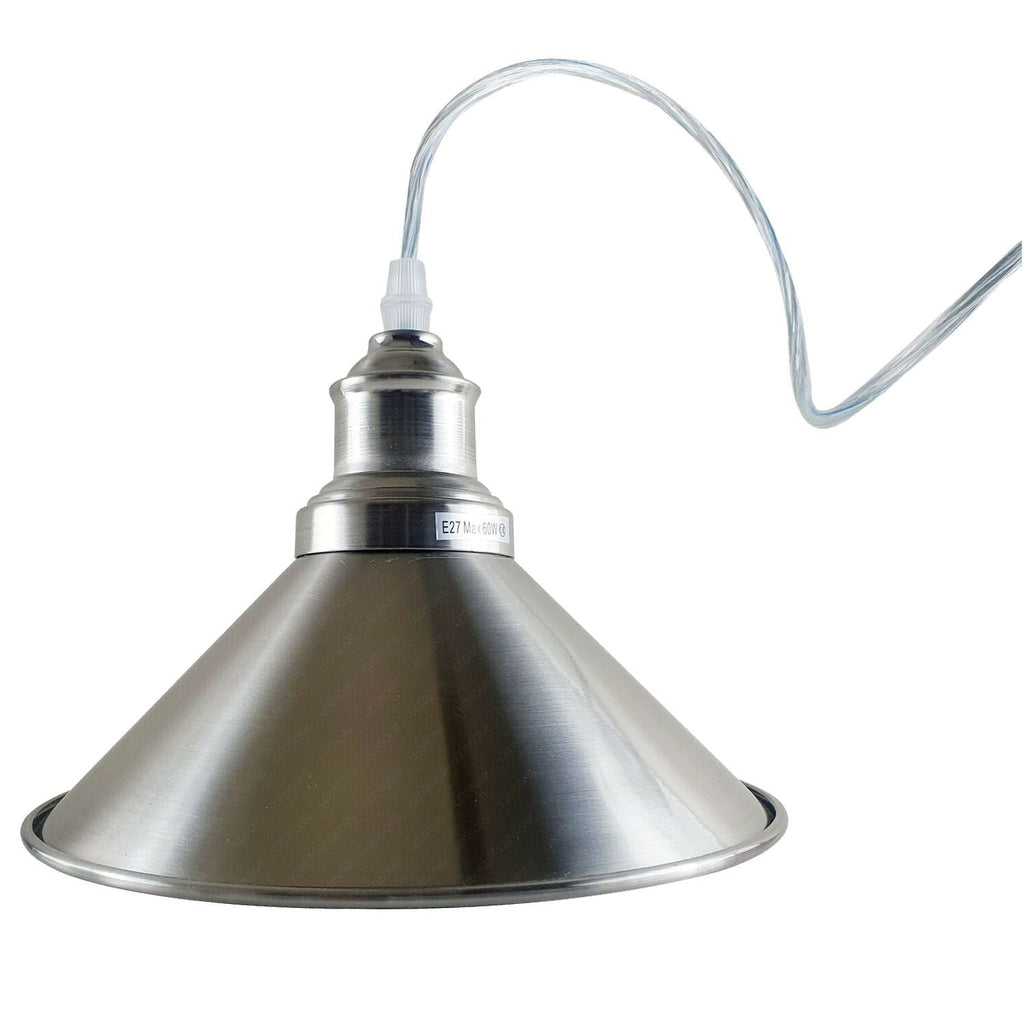 Industrial Vintage Satin Nickel Metal Cone E27 Pendant Ceiling Light