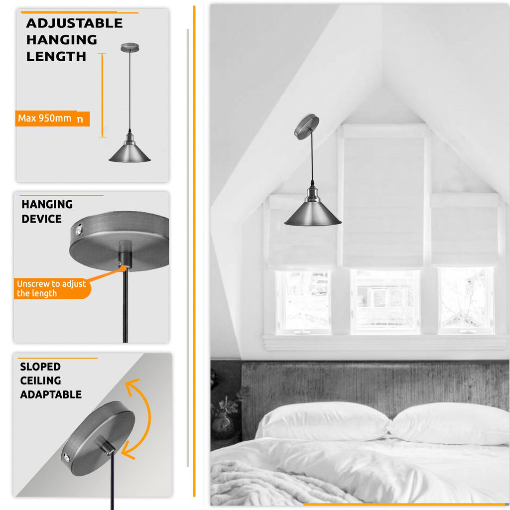 Industrial Vintage Satin Nickel Metal Cone E27 Pendant Ceiling Light