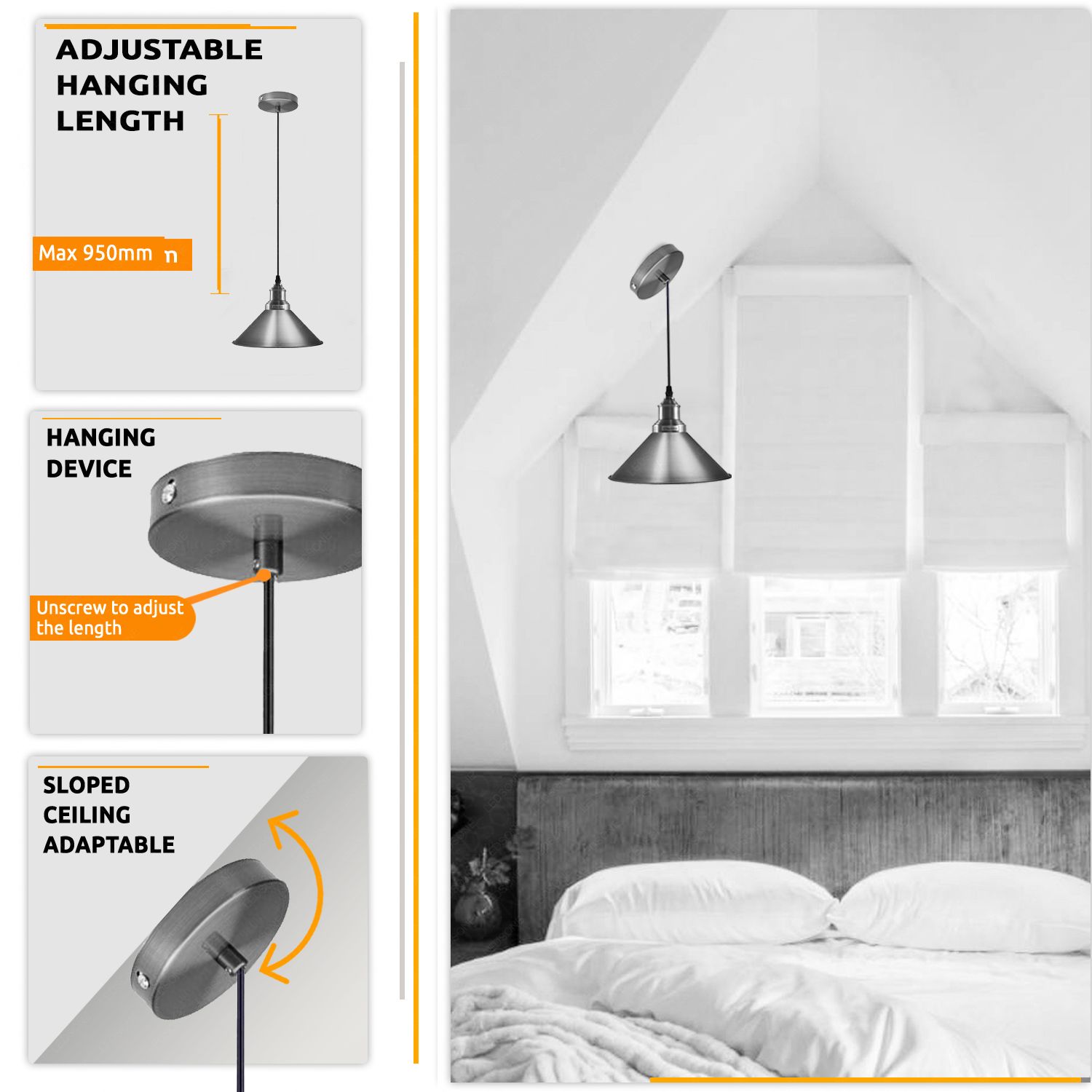 Industrial Vintage Satin Nickel Metal Cone E27 Pendant Ceiling Light