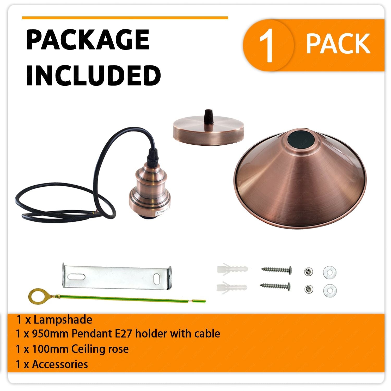 Vintage Industrial Copper Metal Cone Pendant Light Fixture, E27 Holder, Dimmable