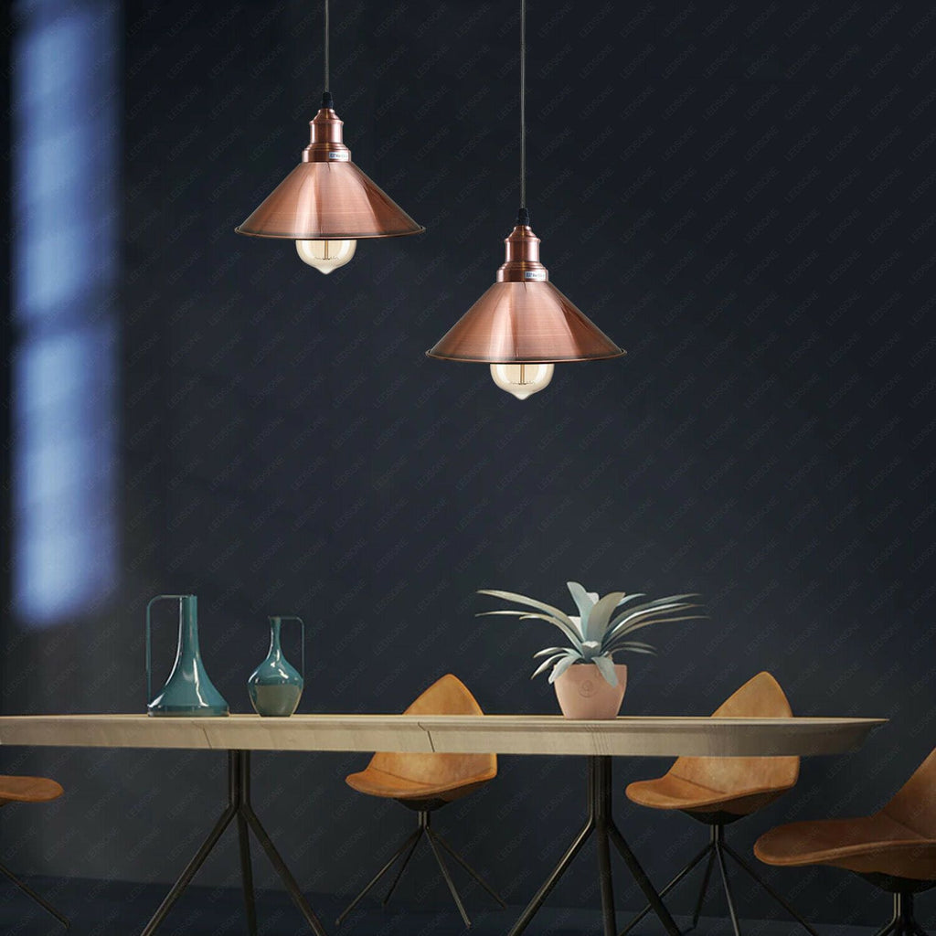 Vintage Industrial Copper Metal Cone Pendant Light Fixture, E27 Holder, Dimmable