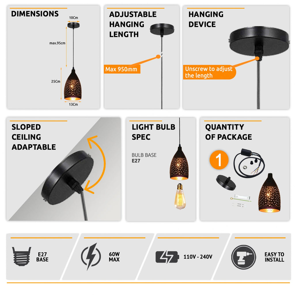 Vintage Industrial Black Gold Metal E27 Dimmable Ceiling Pendant Light Fixture