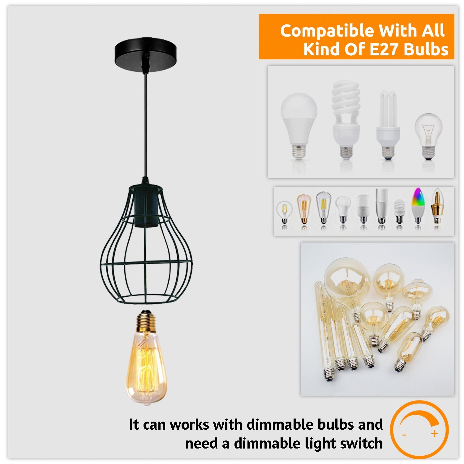 Vintage Industrial Black Cage Pendant Light - Dimmable E27 Hanging Fixture