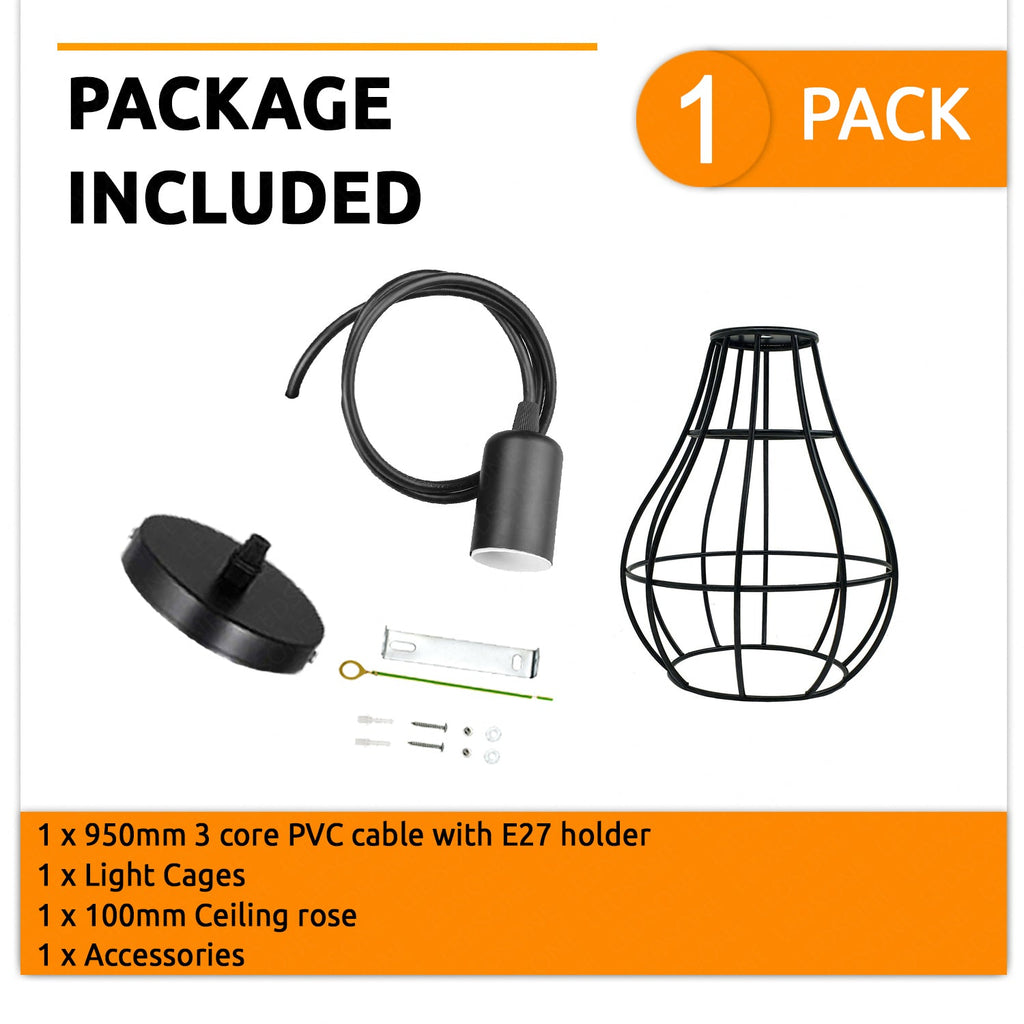Vintage Industrial Black Cage Pendant Light - Dimmable E27 Hanging Fixture