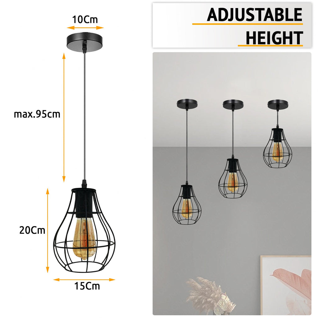Vintage Industrial Black Cage Pendant Light - Dimmable E27 Hanging Fixture