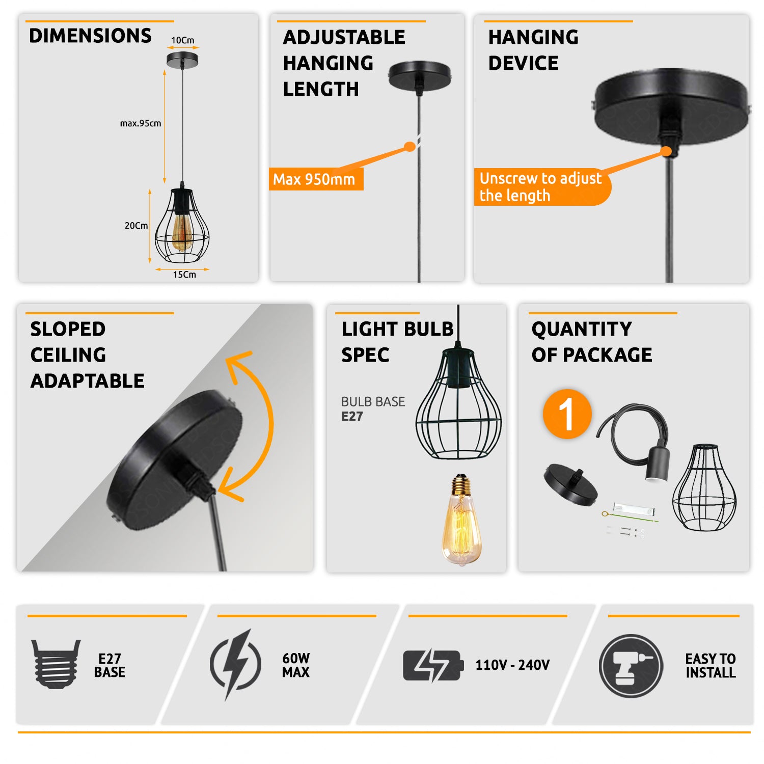 Vintage Industrial Black Cage Pendant Light - Dimmable E27 Hanging Fixture