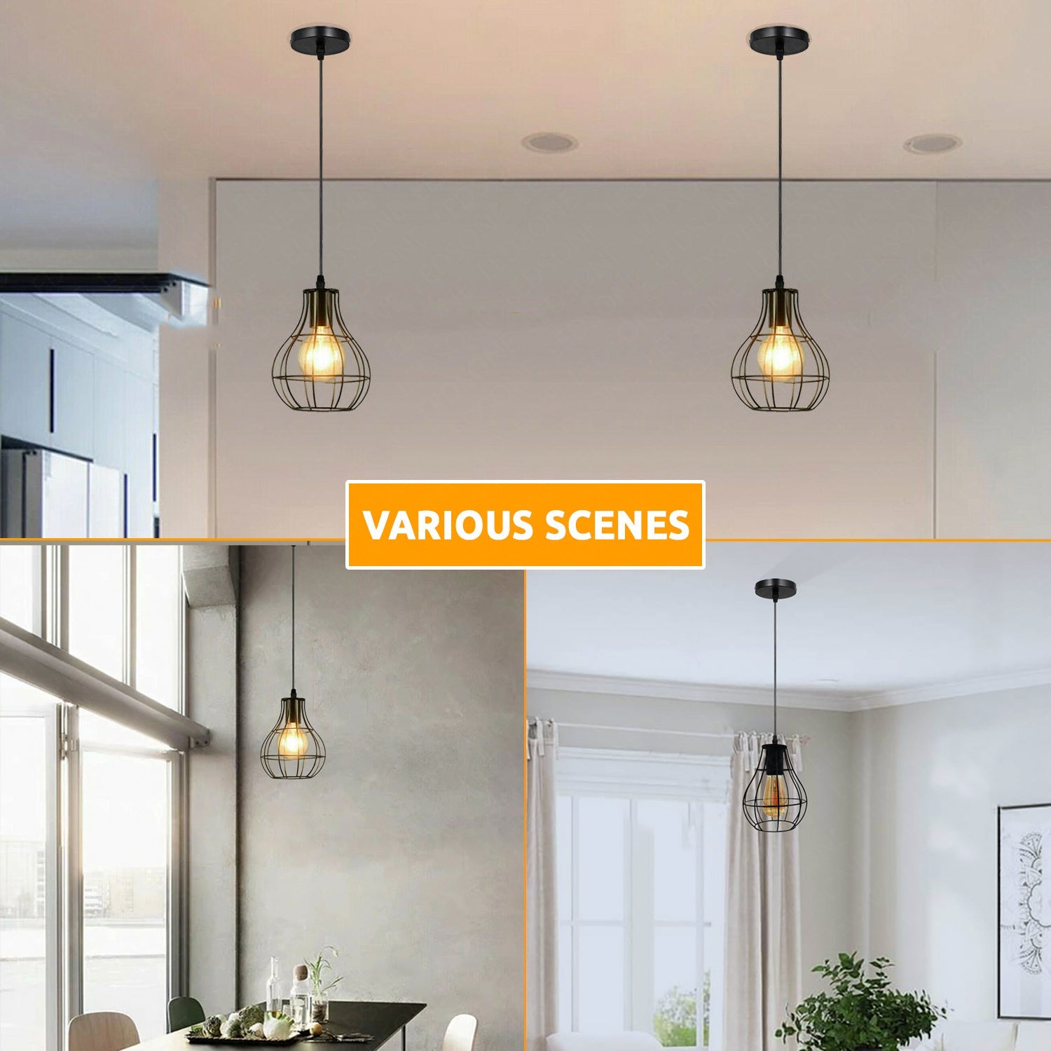 Vintage Industrial Black Cage Pendant Light - Dimmable E27 Hanging Fixture