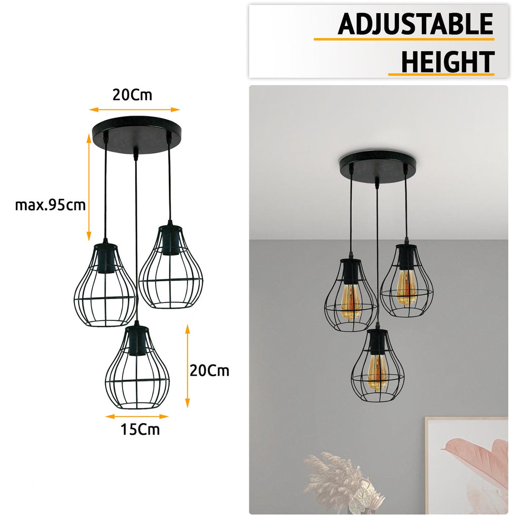 Stylish 3-Way Industrial Vintage Black Metal Cage Ceiling Pendant Light Fixture
