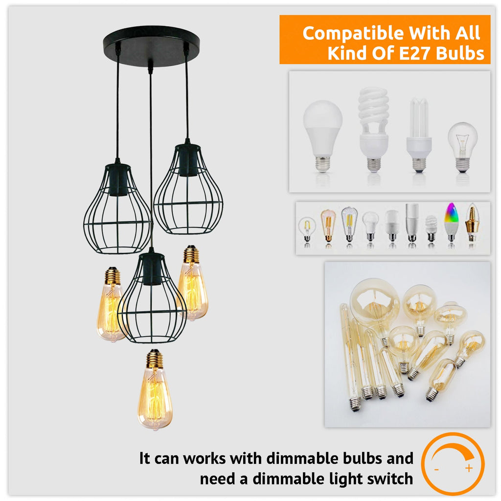 Stylish 3-Way Industrial Vintage Black Metal Cage Ceiling Pendant Light Fixture