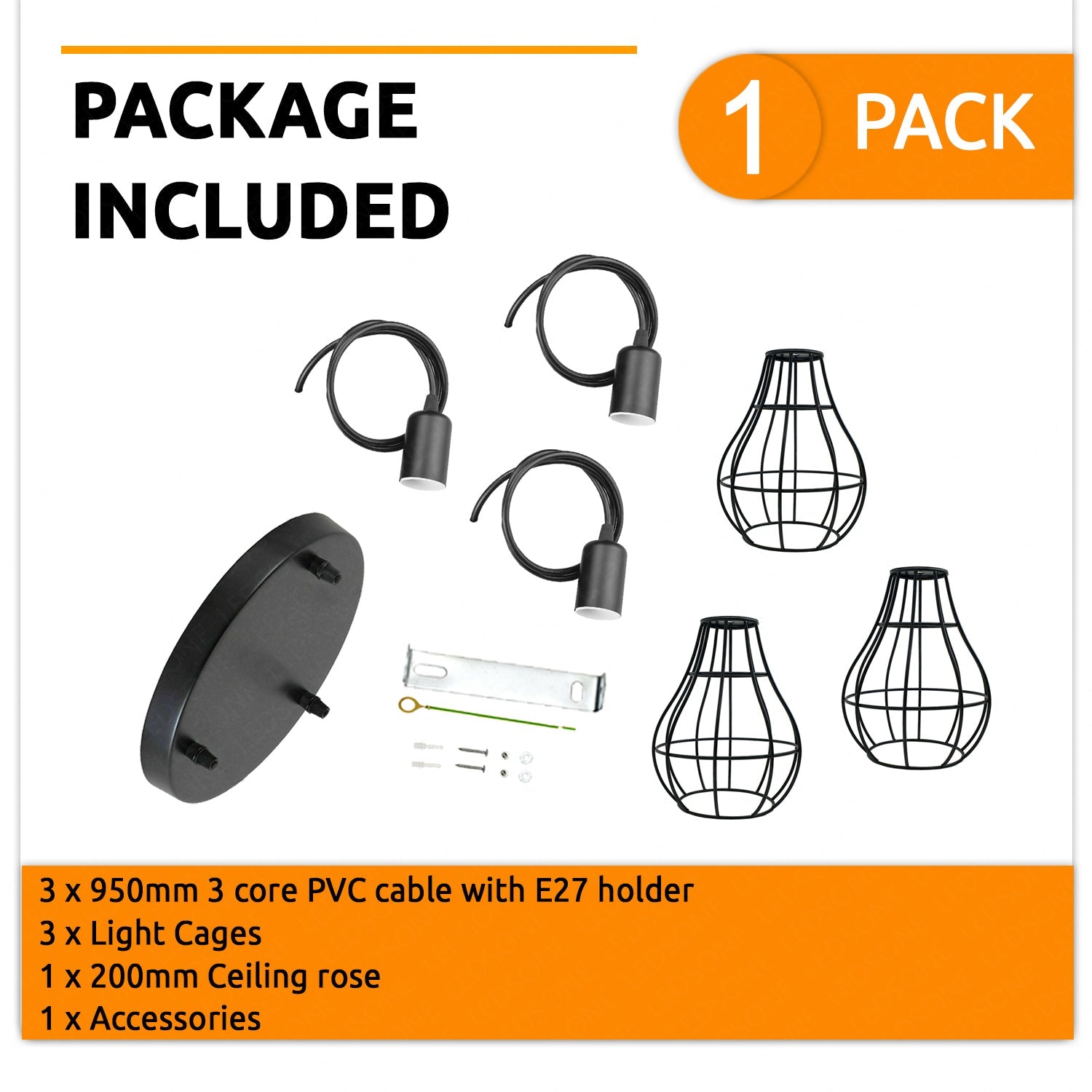 Stylish 3-Way Industrial Vintage Black Metal Cage Ceiling Pendant Light Fixture