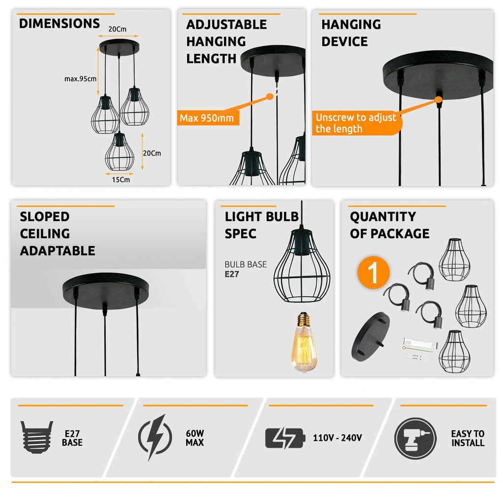Stylish 3-Way Industrial Vintage Black Metal Cage Ceiling Pendant Light Fixture