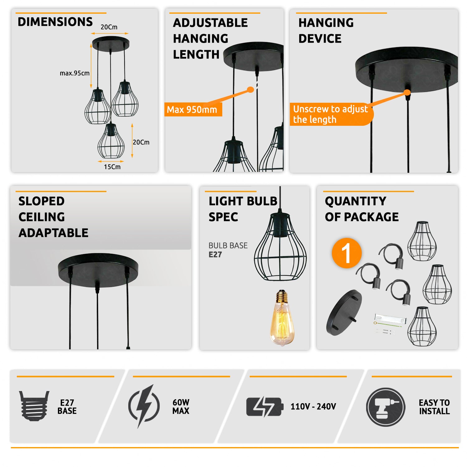 Stylish 3-Way Industrial Vintage Black Metal Cage Ceiling Pendant Light Fixture