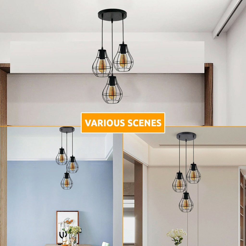 Stylish 3-Way Industrial Vintage Black Metal Cage Ceiling Pendant Light Fixture