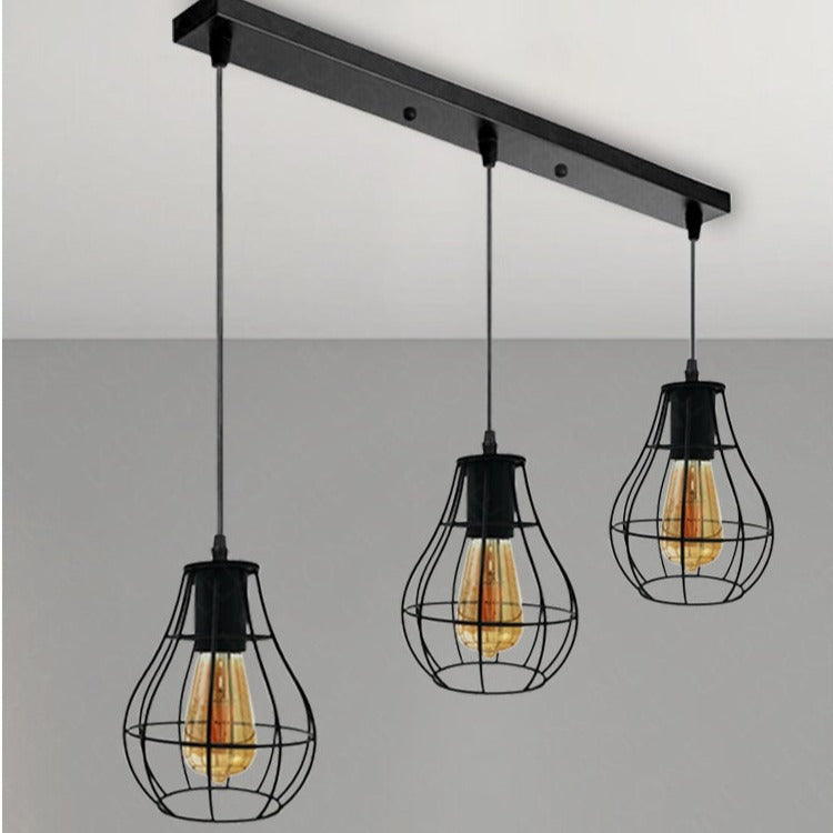 Black Industrial 3-Light Pendant Ceiling Fixture, Adjustable Metal Cage Design