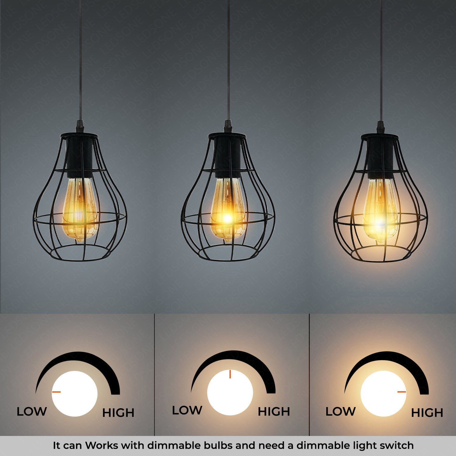 Black Industrial 3-Light Pendant Ceiling Fixture, Adjustable Metal Cage Design