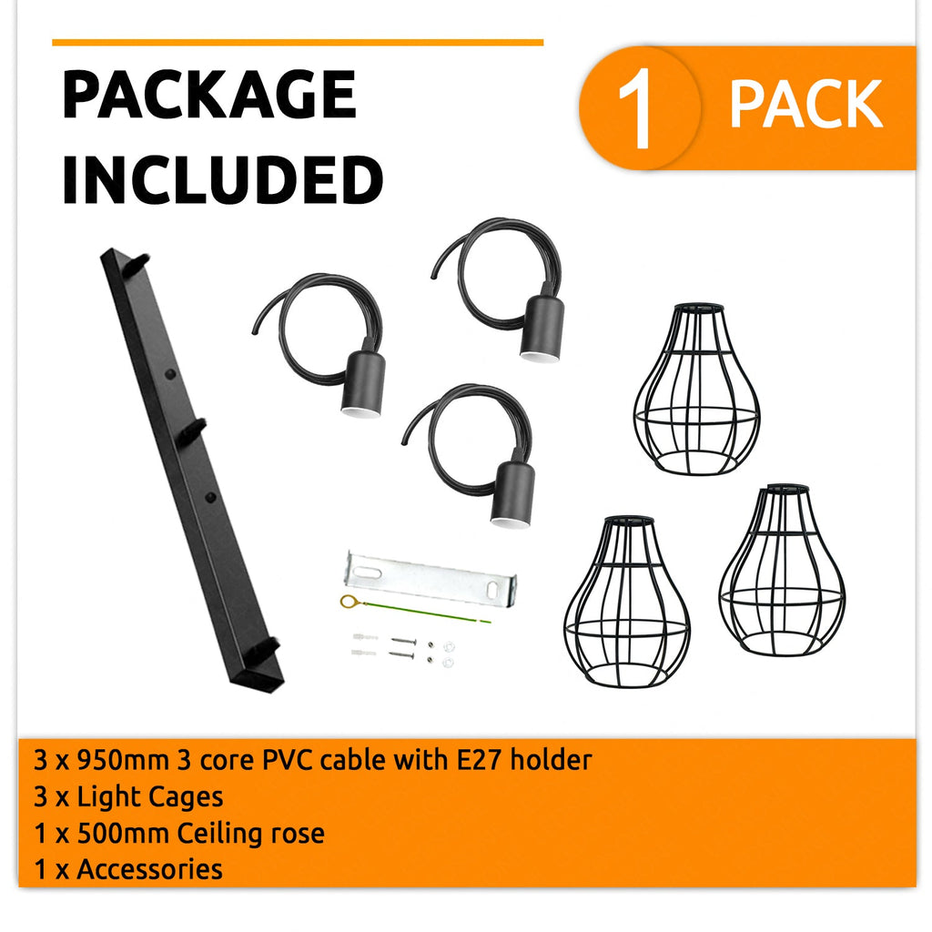 Black Industrial 3-Light Pendant Ceiling Fixture, Adjustable Metal Cage Design