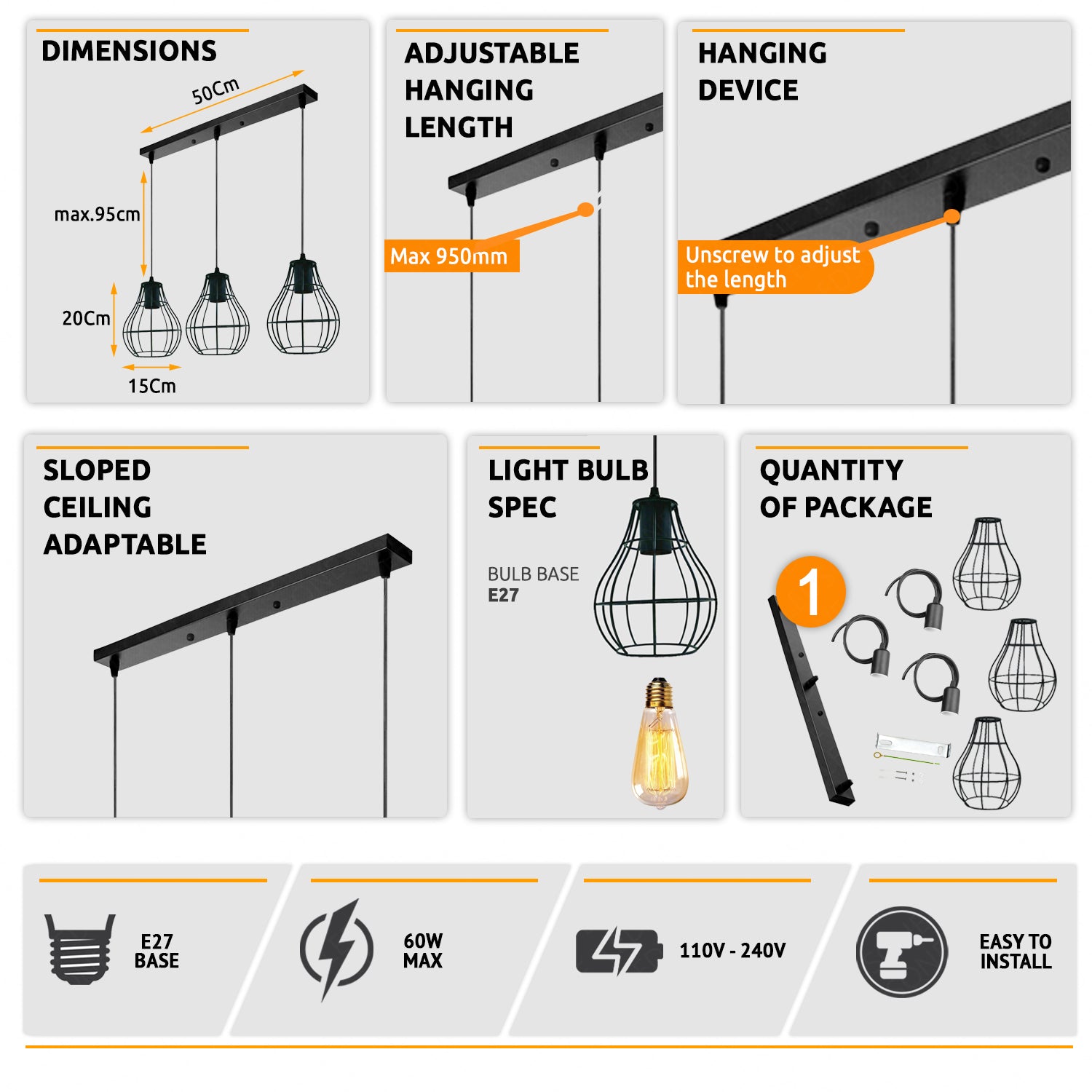Black Industrial 3-Light Pendant Ceiling Fixture, Adjustable Metal Cage Design