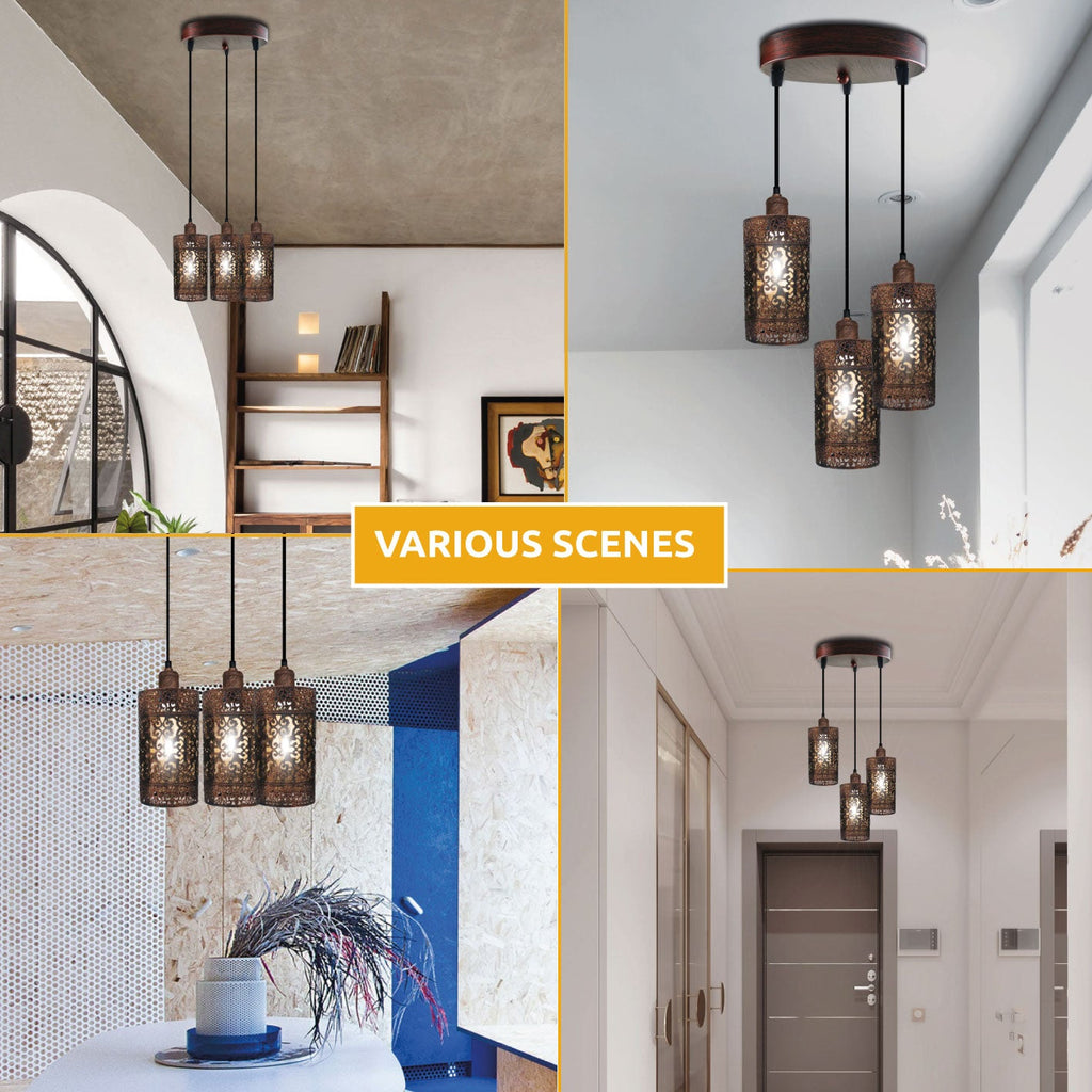 Rustic Red 3-Head Metal Cage Industrial Dimmable E27 Pendant Light