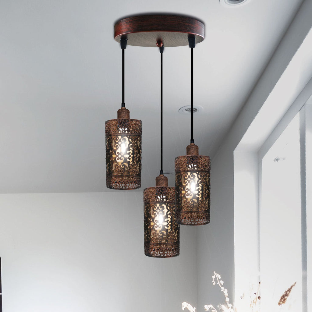 Rustic Red 3-Head Metal Cage Industrial Dimmable E27 Pendant Light