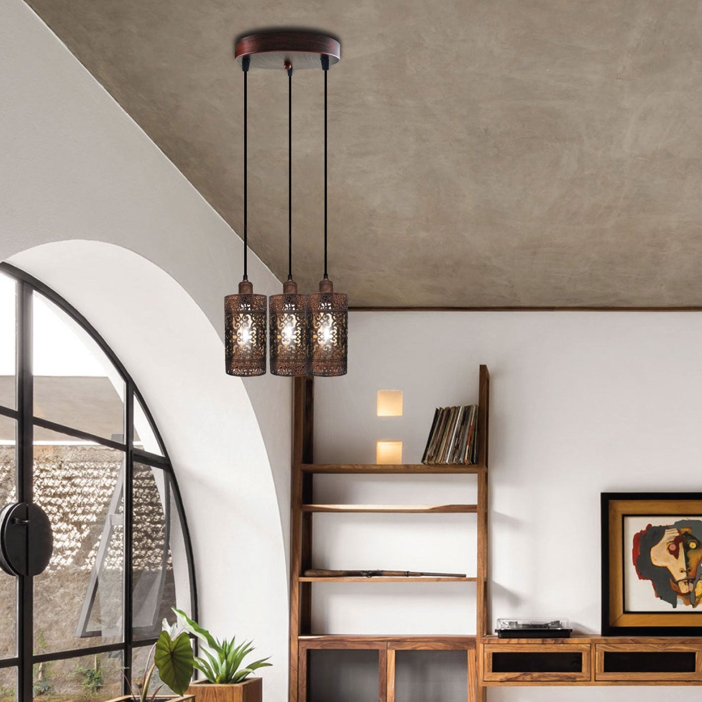 Rustic Red 3-Head Metal Cage Industrial Dimmable E27 Pendant Light