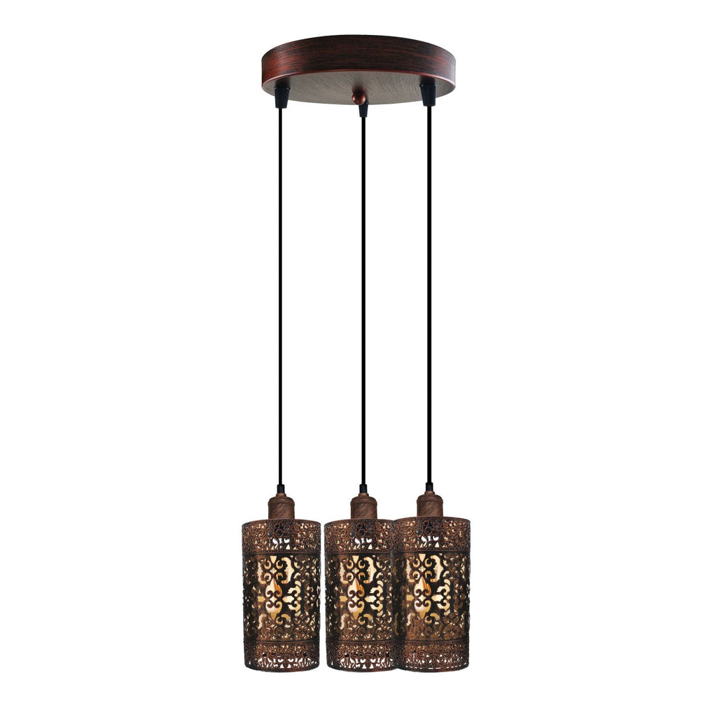 Rustic Red 3-Head Metal Cage Industrial Dimmable E27 Pendant Light