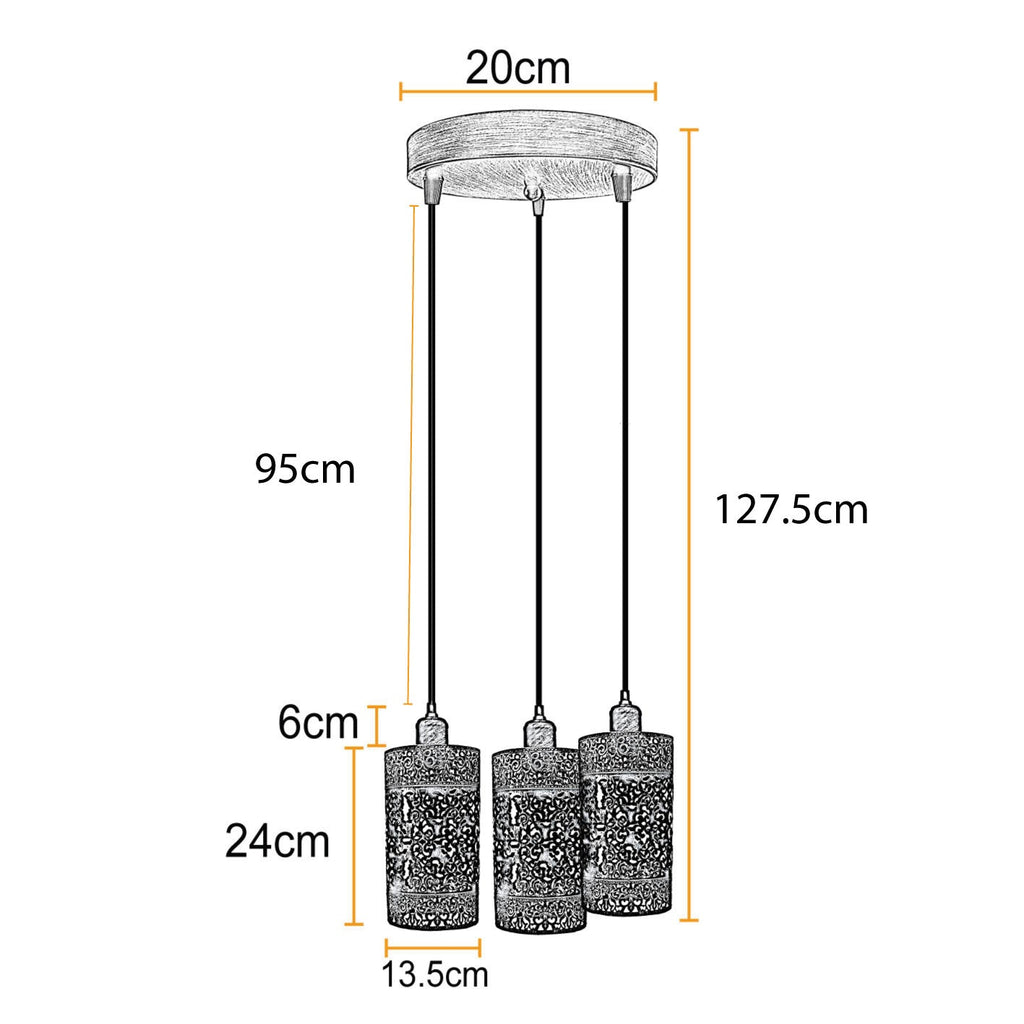Rustic Red 3-Head Metal Cage Industrial Dimmable E27 Pendant Light