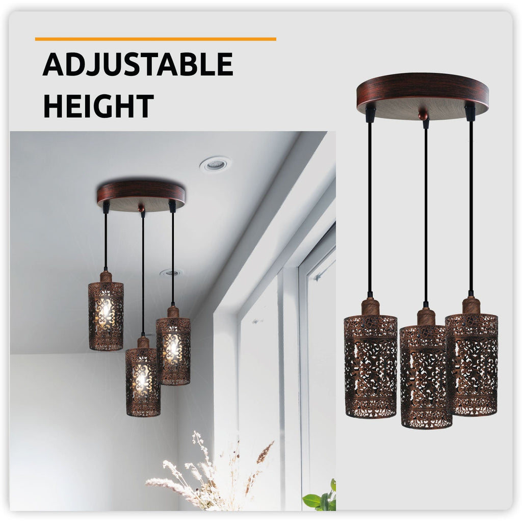 Rustic Red 3-Head Metal Cage Industrial Dimmable E27 Pendant Light
