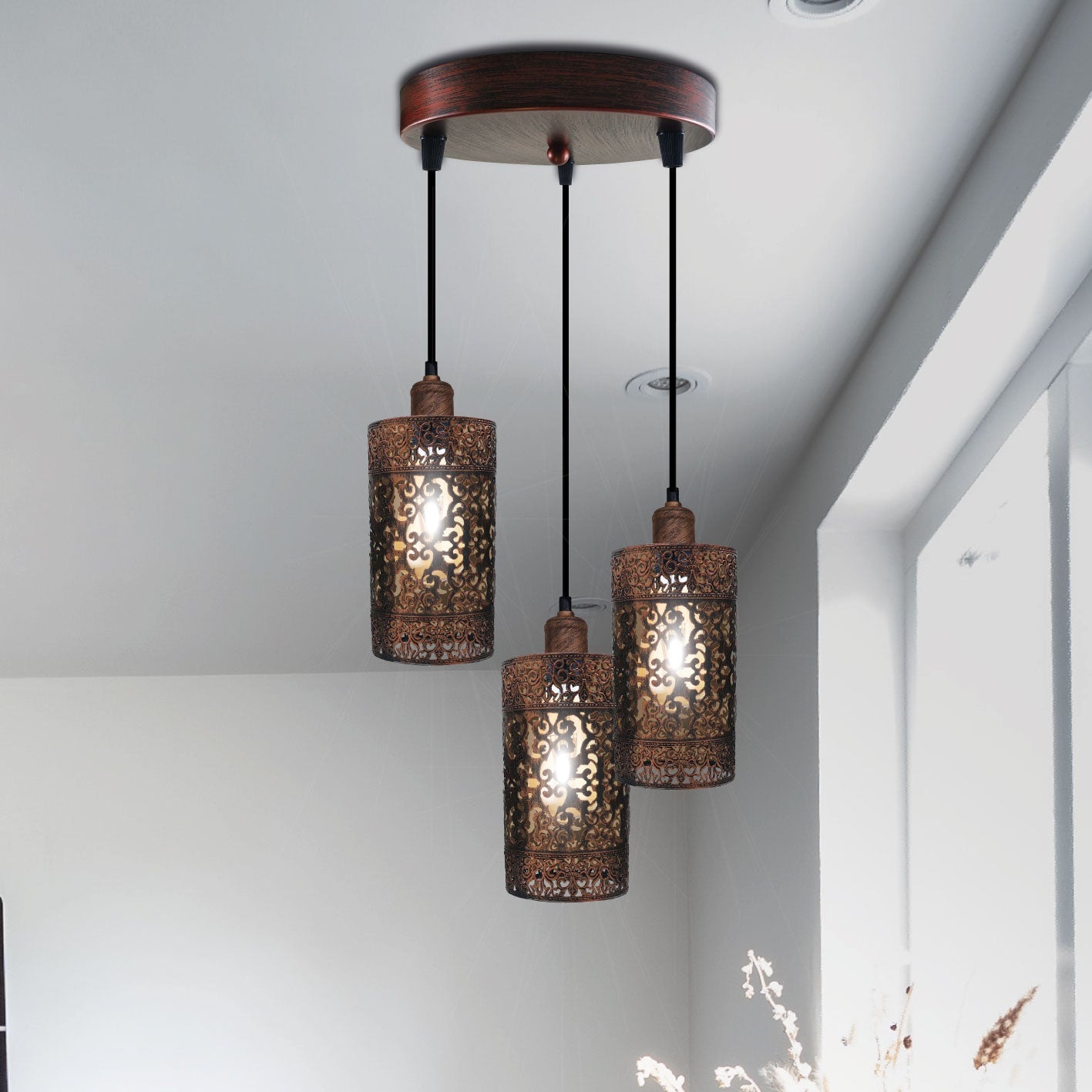 Rustic Red 3-Head Metal Cage Industrial Dimmable E27 Pendant Light