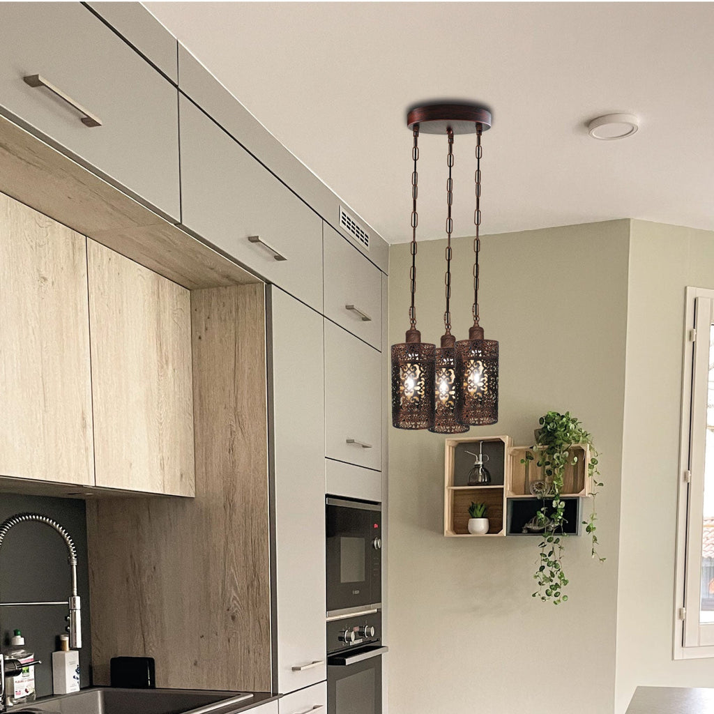 Modern 3-Way Industrial Pendant Light Fixture with Metal Barrel Cages