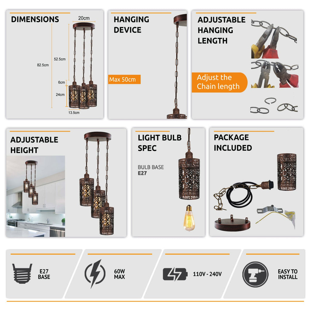 Modern 3-Way Industrial Pendant Light Fixture with Metal Barrel Cages
