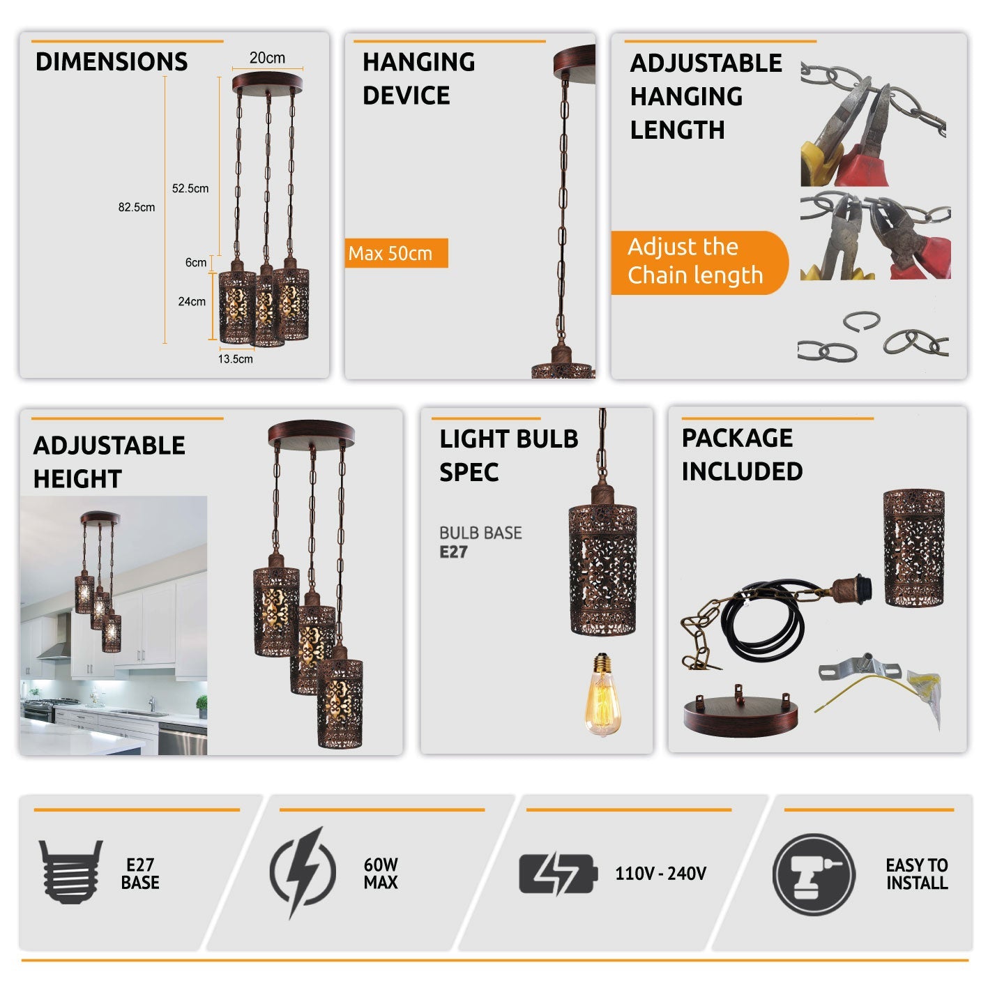 Modern 3-Way Industrial Pendant Light Fixture with Metal Barrel Cages