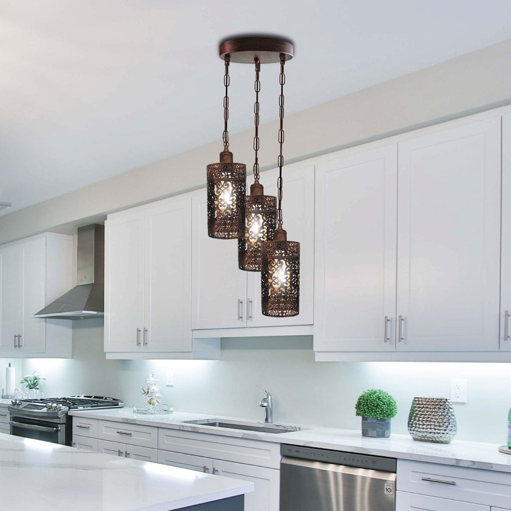 Modern 3-Way Industrial Pendant Light Fixture with Metal Barrel Cages