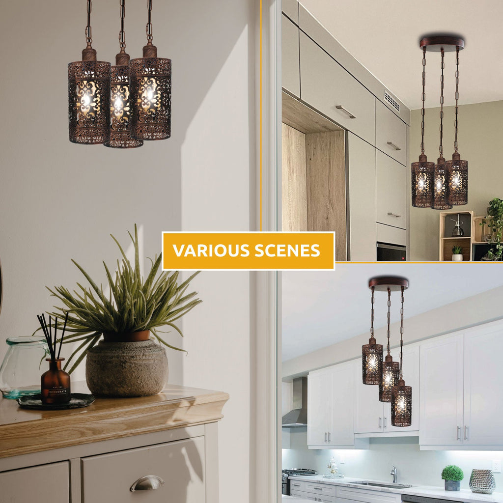 Modern 3-Way Industrial Pendant Light Fixture with Metal Barrel Cages