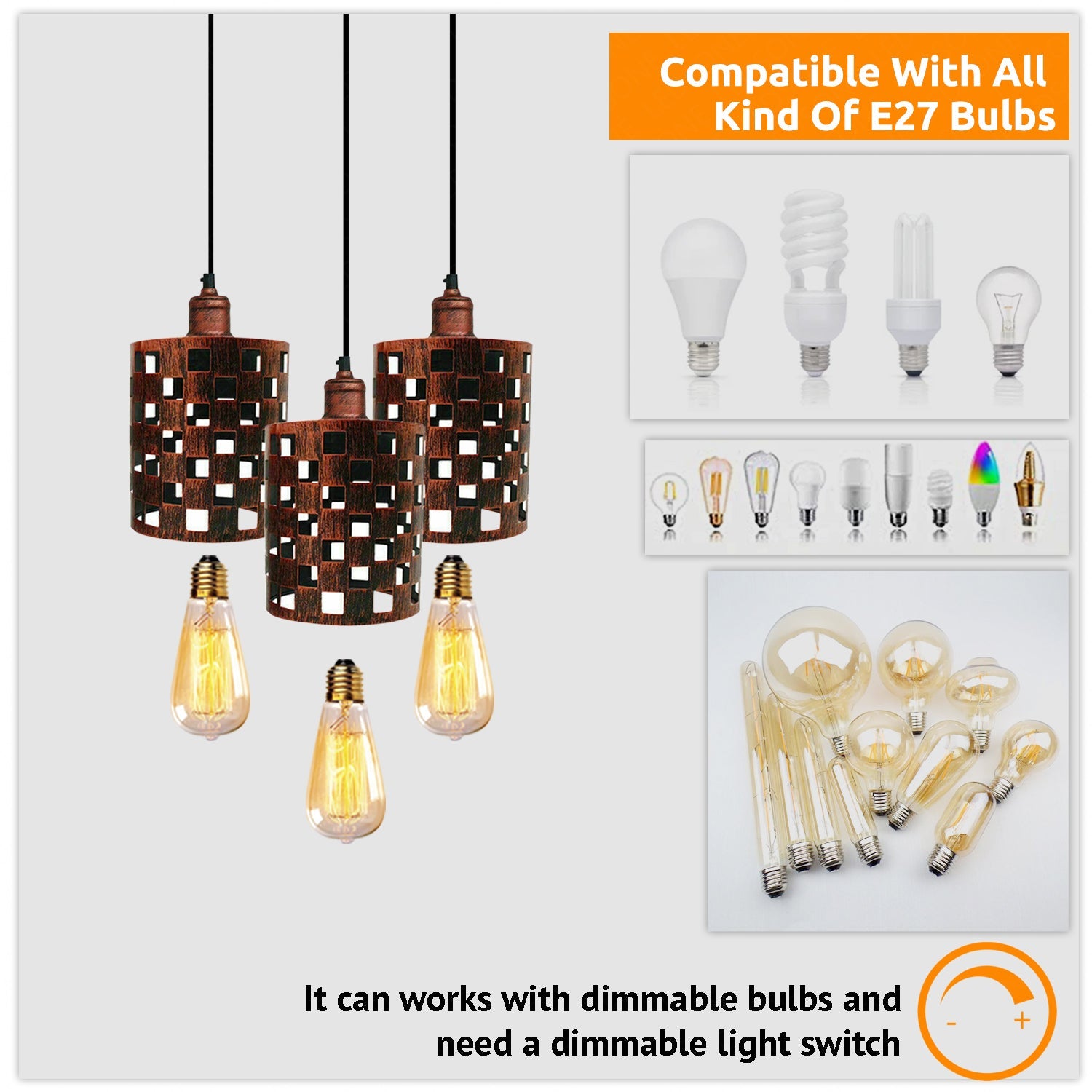 Industrial Retro 3-Way Metal Cage Pendant Light, Round Ceiling Base E27 Fixture