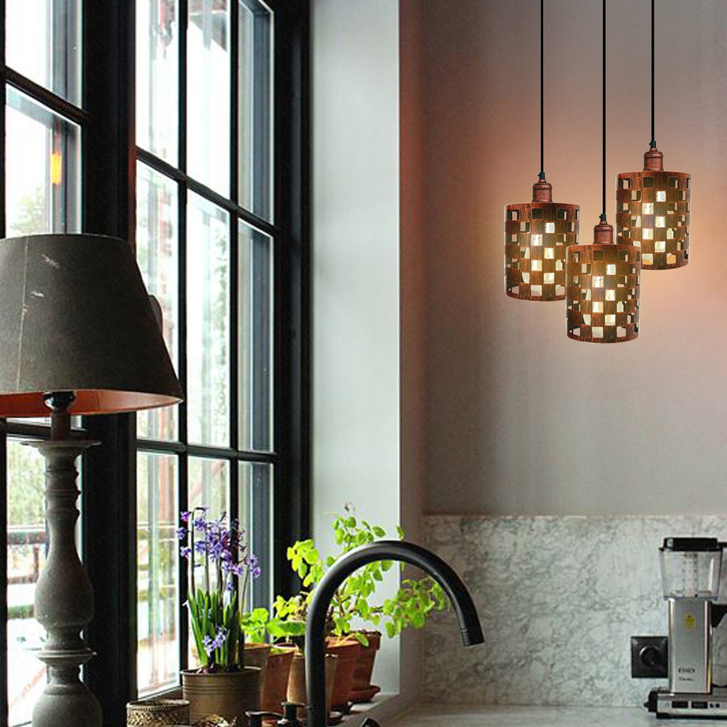 Industrial Retro 3-Way Metal Cage Pendant Light, Round Ceiling Base E27 Fixture