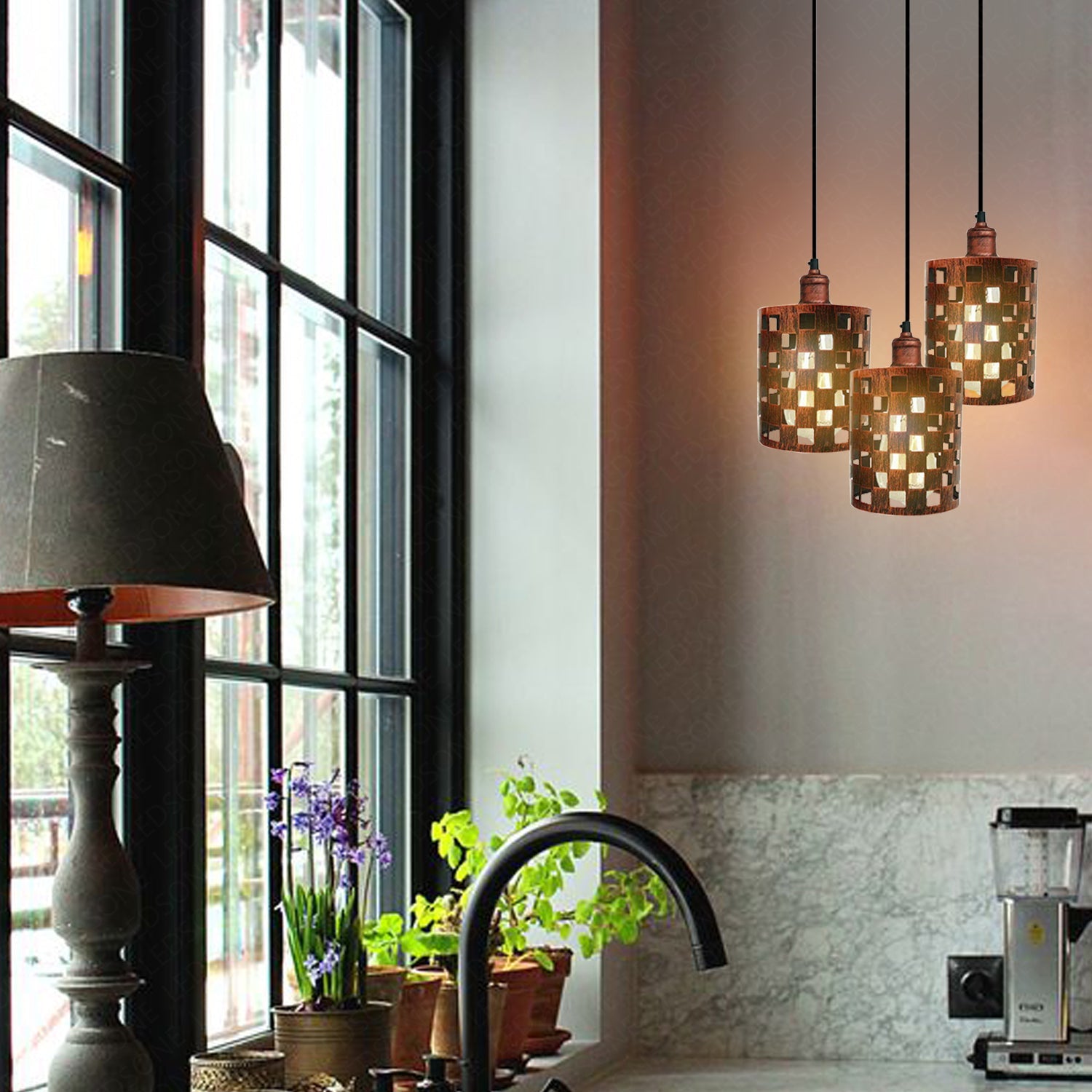 Industrial Retro 3-Way Metal Cage Pendant Light, Round Ceiling Base E27 Fixture