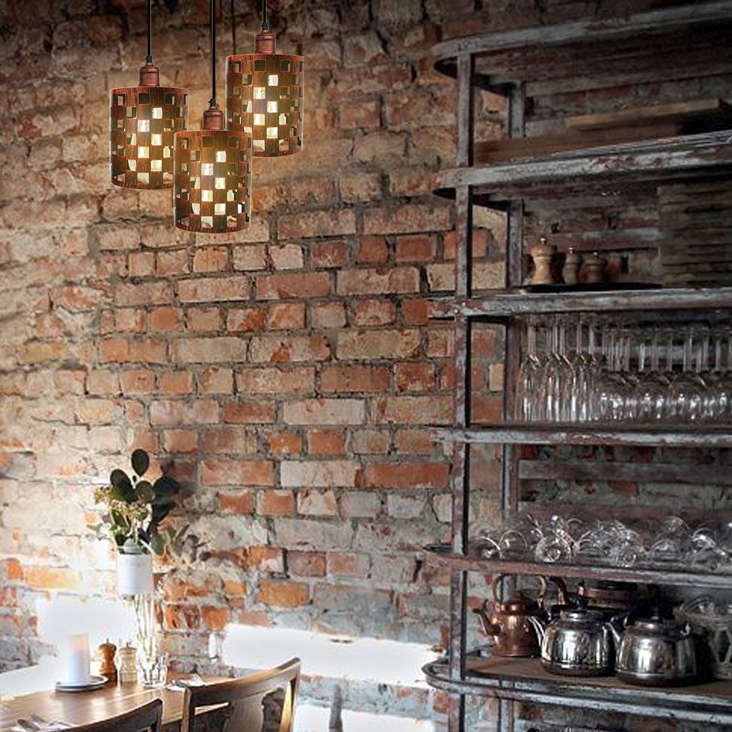 Industrial Retro 3-Way Metal Cage Pendant Light, Round Ceiling Base E27 Fixture
