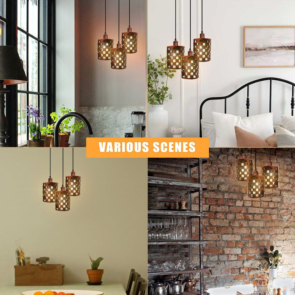 Industrial Retro 3-Way Metal Cage Pendant Light, Round Ceiling Base E27 Fixture