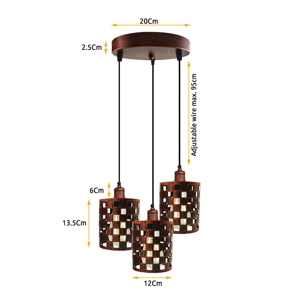 Industrial Retro 3-Way Metal Cage Pendant Light, Round Ceiling Base E27 Fixture