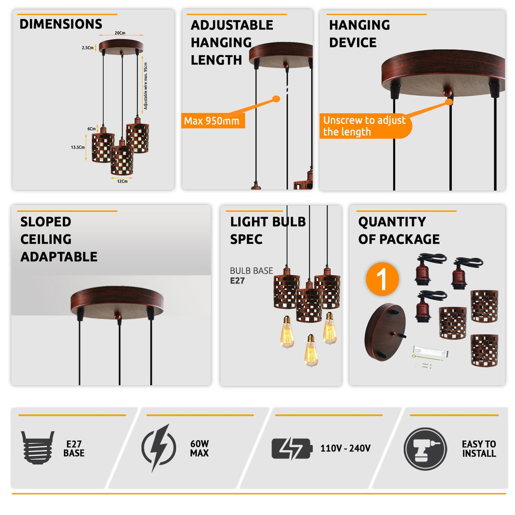 Industrial Retro 3-Way Metal Cage Pendant Light, Round Ceiling Base E27 Fixture
