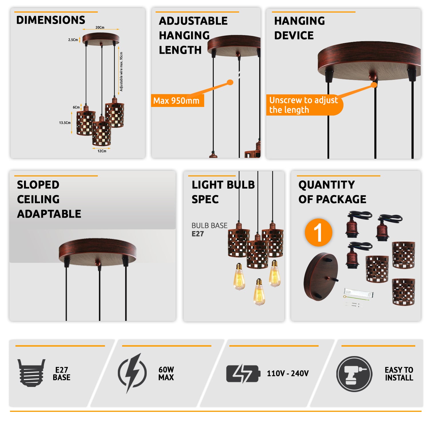 Industrial Retro 3-Way Metal Cage Pendant Light, Round Ceiling Base E27 Fixture