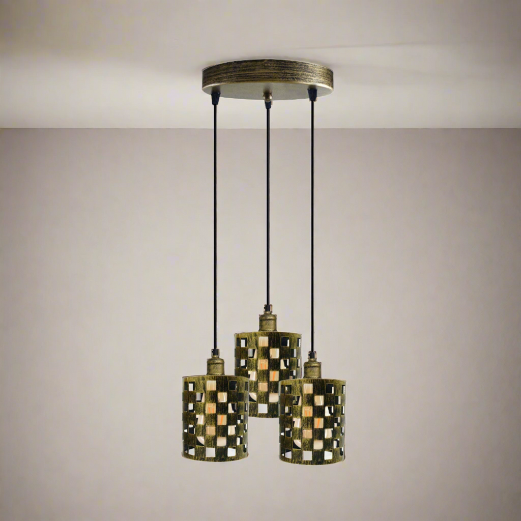 Industrial Retro 3-Way Metal Cage Pendant Light, Round Ceiling Base E27 Fixture